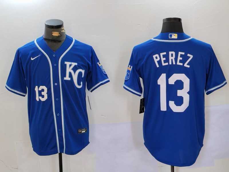 Mens Kansas City Royals #13 Salvador Perez Number Blue KC Cool Base Stitched Jersey